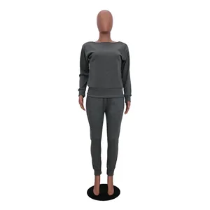 Two-piece dark grey women's casual lounge set featuring a long sleeve top and joggers