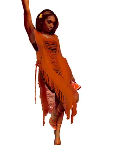 Close-up view of vibrant orange fringe beach dress with side-tie detailing on model