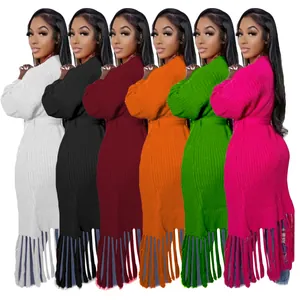 Collection of long knit cardigan sweaters featuring fringe hems in six vibrant colors