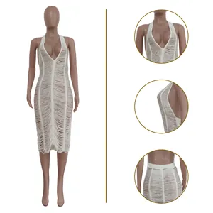 Detalles del vestido de playa sexy de ganchillo calado con cuello en V tipo halter