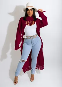 Full view of chic distressed burgundy long fringe cardigan sweater for women