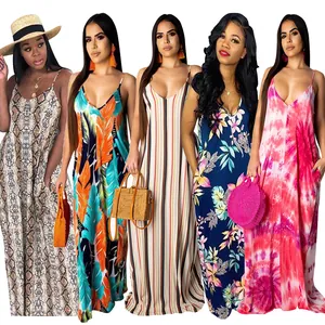 Detailed view of various printed casual loose cotton camisole maxi dresses for women
