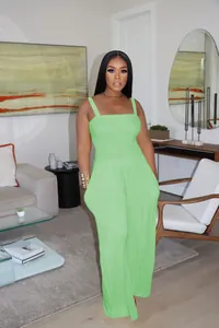 Women's lime green smocked bodice wide-leg jumpsuit for casual summer wear