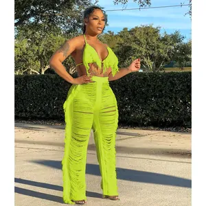 Ensemble sexy jaune néon 2 pièces avec haut bikini à franges et pantalon plage