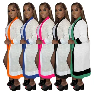 Five color variants of a white knit long cardigan with contrast color trim details.