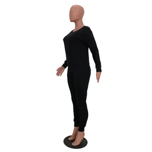 Side view of black women's long-sleeved casual two-piece tracksuit set on mannequin