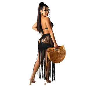Sexy black knit mesh tube top and long fringe beach skirt two-piece set back view