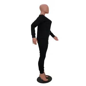 Side view of women's black casual two-piece sweatshirt and jogger pants set on mannequin