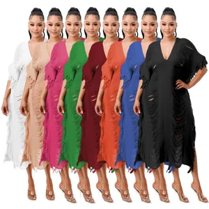 Handmade Crochet Knit Tassel Maxi Dress Bohemian V-Neck Sheer Fringe Beach Cover Up Sleeveless Hollow Out Long Sweater Dress