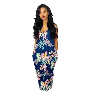 Detailed full view of the floral print cotton cami maxi dress on model, white background