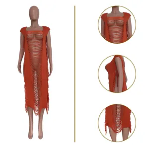 Detailed views of an orange knit hollow-out beach cover-up dress with tassels on mannequin