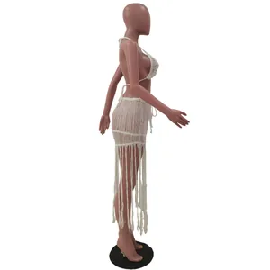 Sexy white crochet knit two-piece set with long tassel skirt for beach vacation