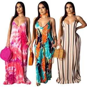 Three variants of casual loose printed cotton maxi strap dresses on white background.