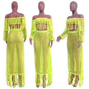 Professional display of neon yellow mesh two-piece beach set with fringe detailing