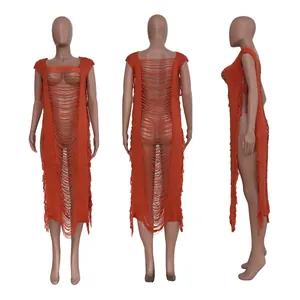 Detailed three-way view of orange boho fringe beach dress with side slit and open knit