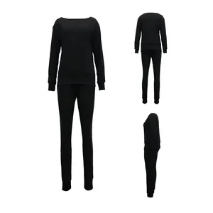 Detail views of black women's long sleeve two-piece tracksuit set from all angles