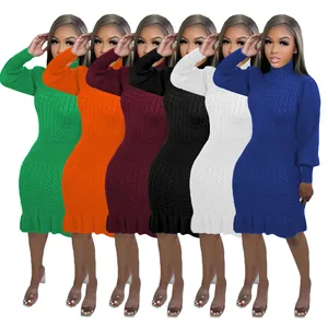 Vestito a Maglia da Donna Tinta Unita Dolcevita Orlo a Volant Lavorato a Mano Treccia Manica Lunga Poliestere Midi Vestito
