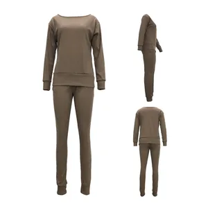 Front, side, and back views of a brown two-piece long-sleeved lounge set for women