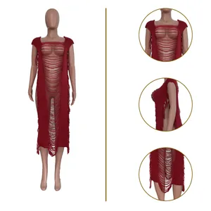 Detailed views of red distressed crochet beach dress with fringe hem and side ties