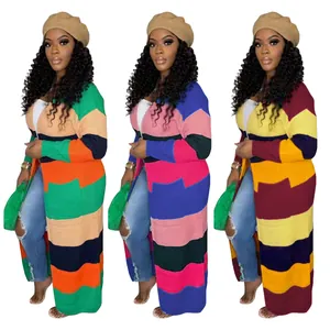 Detailed view of three color variations for the women's long striped knit cardigan coat