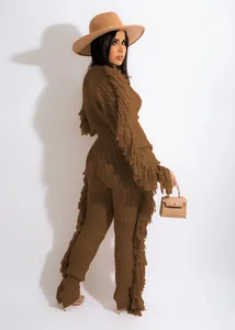Chic brown knit two-piece set featuring long-sleeved fringe top and matching trousers