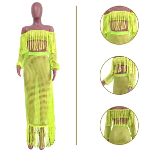 Detailed views of neon yellow crochet fishnet two-piece beach set with tassels.