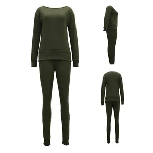 Front side and back views of women's dark green long sleeve two-piece casual set