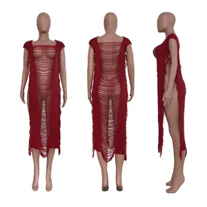 Three-view detail of a wine red fringed beach dress with side slits and hollow-out design.