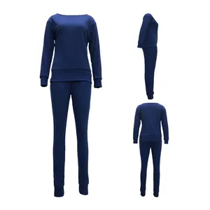 Front, side, and back views of a navy blue women's casual long-sleeved tracksuit set.