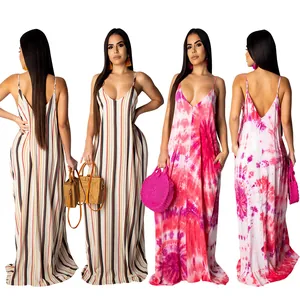 Detail view of women's loose cotton cami maxi dress in striped and tie-dye prints