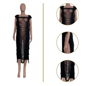 Sexy black distressed fringe beach cover up dress with side ties and tassels for women