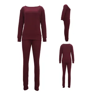 Detail view showing front, side, and back of the burgundy two-piece casual loungewear set