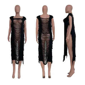 Detailed multi-angle view of black fringe crochet beach cover-up dress for women's swimwear.