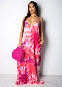 Detailed front view of pink and white tie-dye cotton spaghetti strap maxi dress