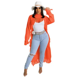 Western style long orange fringed sweater with high neck and tassel details for women