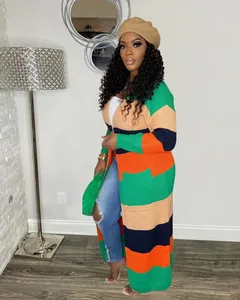 Long color block knit cardigan sweater with vibrant stripes and casual open front design