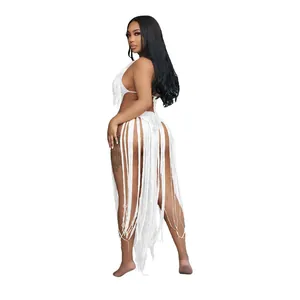Stunning white crochet one-piece swimsuit with long fringe details and backless cut