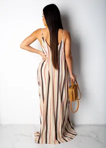 Detailed back view of women's casual loose striped cotton slip maxi dress with V-back design