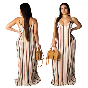 Detail view of casual loose striped cotton slip maxi dress with front and back views.