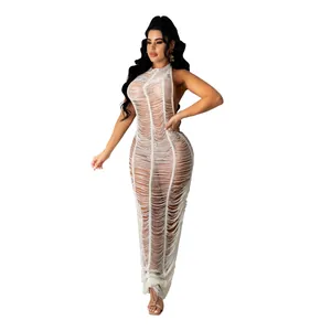 Elegant white knitted beach cover-up maxi dress with sexy cut-out details and halter neck