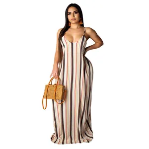 Stylish loose cotton maxi strap dress featuring elegant vertical stripes and V-neckline