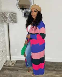 Fashionable colorblock handmade knitted long cardigan for women in a cozy casual style