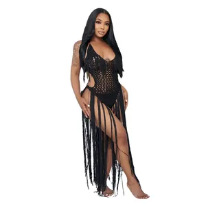 Sexy black crochet cutout swimsuit featuring dramatic long tassels and V-neckline