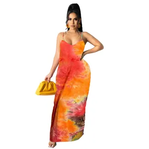 Stylish women's casual loose tie-dye printed cotton maxi slip dress in orange and red