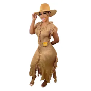 Casual solid color knitted sleeveless maxi dress with bohemian fringe trim