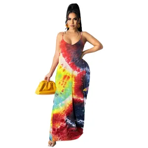 Close-up view of a vibrant colorful tie-dye pattern on a casual loose cotton maxi slip dress