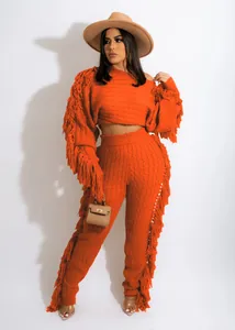 Chic orange knitted two-piece set with fringe details for women's casual wear