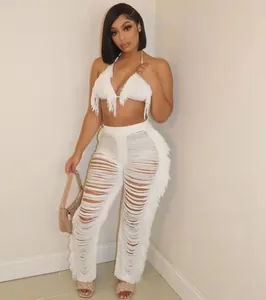 Ensemble deux pièces bikini à franges et pantalon de plage en maille blanche sexy