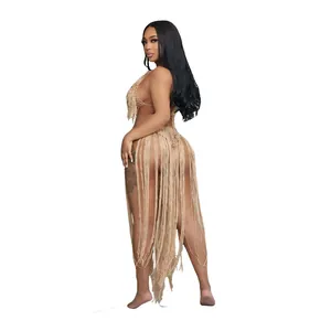 Back view of a sexy crochet one-piece swimsuit featuring elegant long fringe details