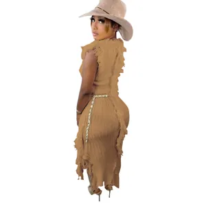 Back view of a sleeveless khaki knit dress featuring stylish fringe details